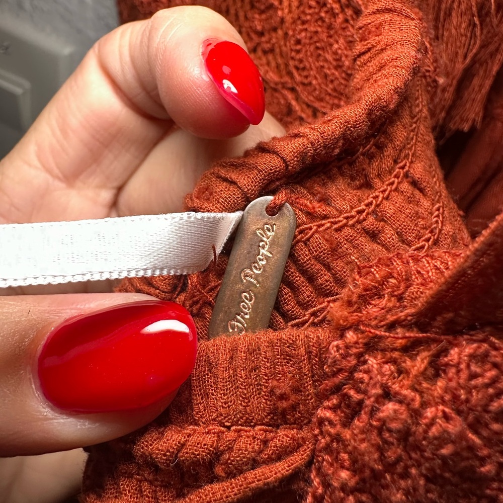 Free People Sugarpie Crochet Mini Dress Deep V Smocked Tie Waist Cinnamon Large - Picture 10 of 15